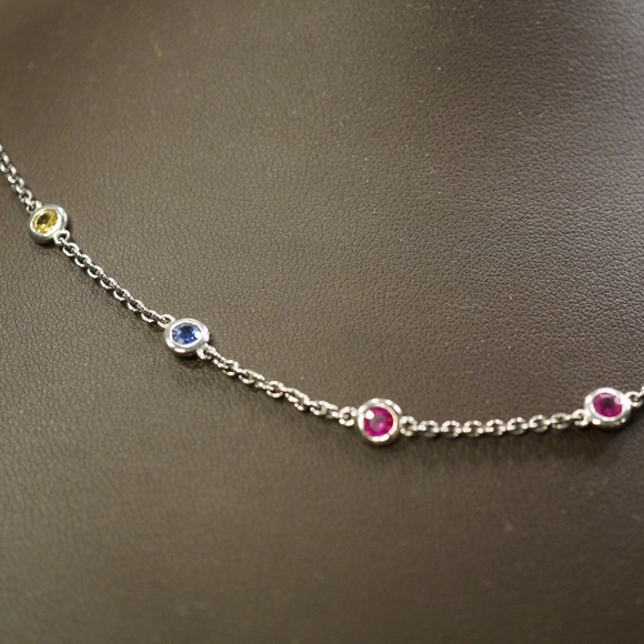 18KW Gold Multi Color Sapphire Station Necklace